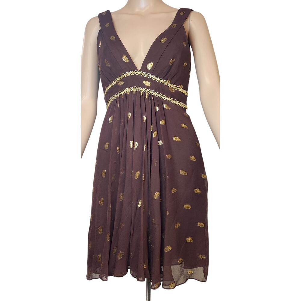 Milly of New York Womens Brown & Gold Silk Chiffon Cocktail Dress-Size 4